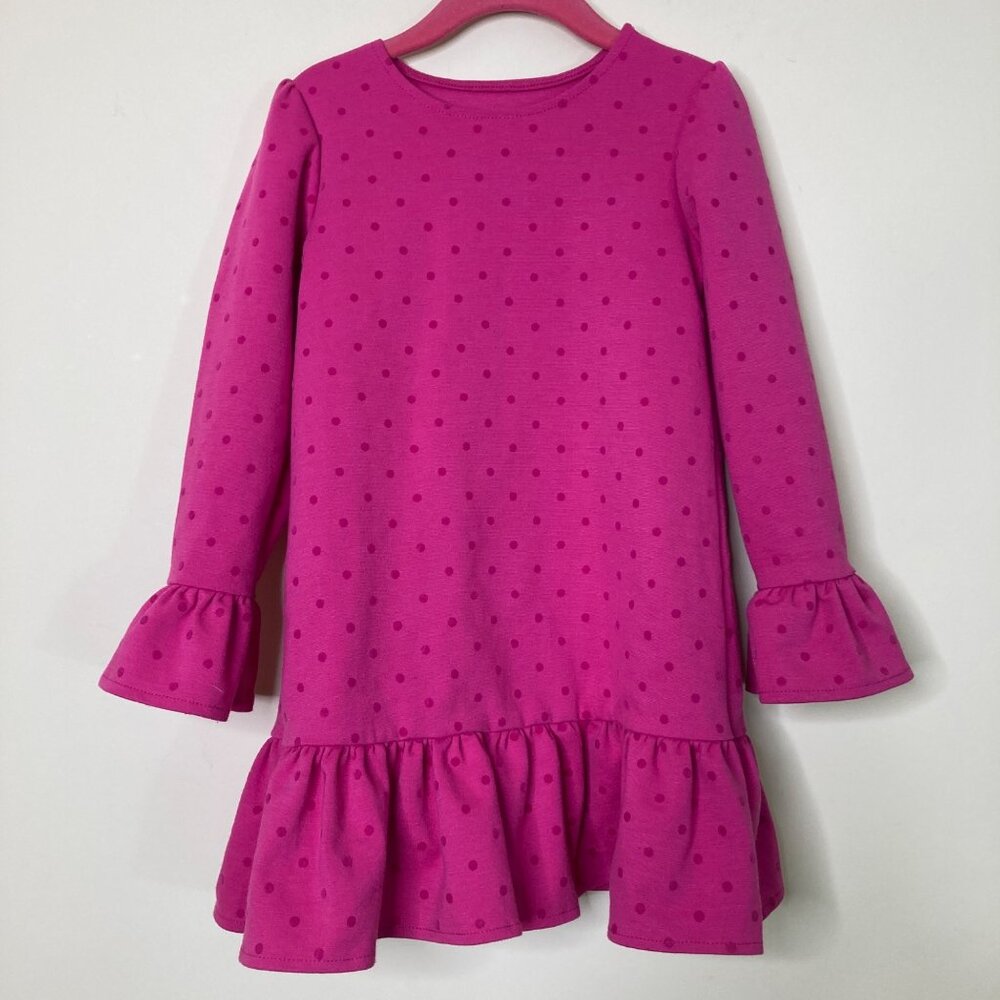 Lands End Girls Dress 4 Pink Polka Dot Ruffle Hem Long Sleeve Polyester Blend